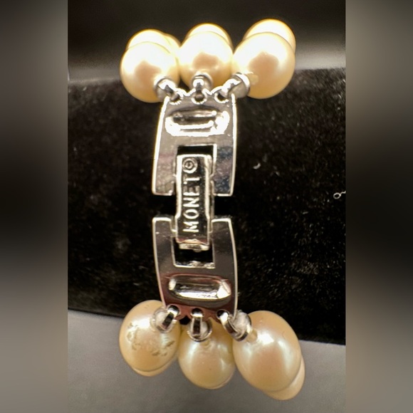 Pearl! Three Strands, Signed, Monet Faux Pearl Triple Row Goldtone Wide Bracelet - Picture 5 of 5